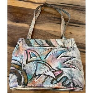 Vintage Brit Rosen Hand Painted Leather Tote Bag Abstract Art New York